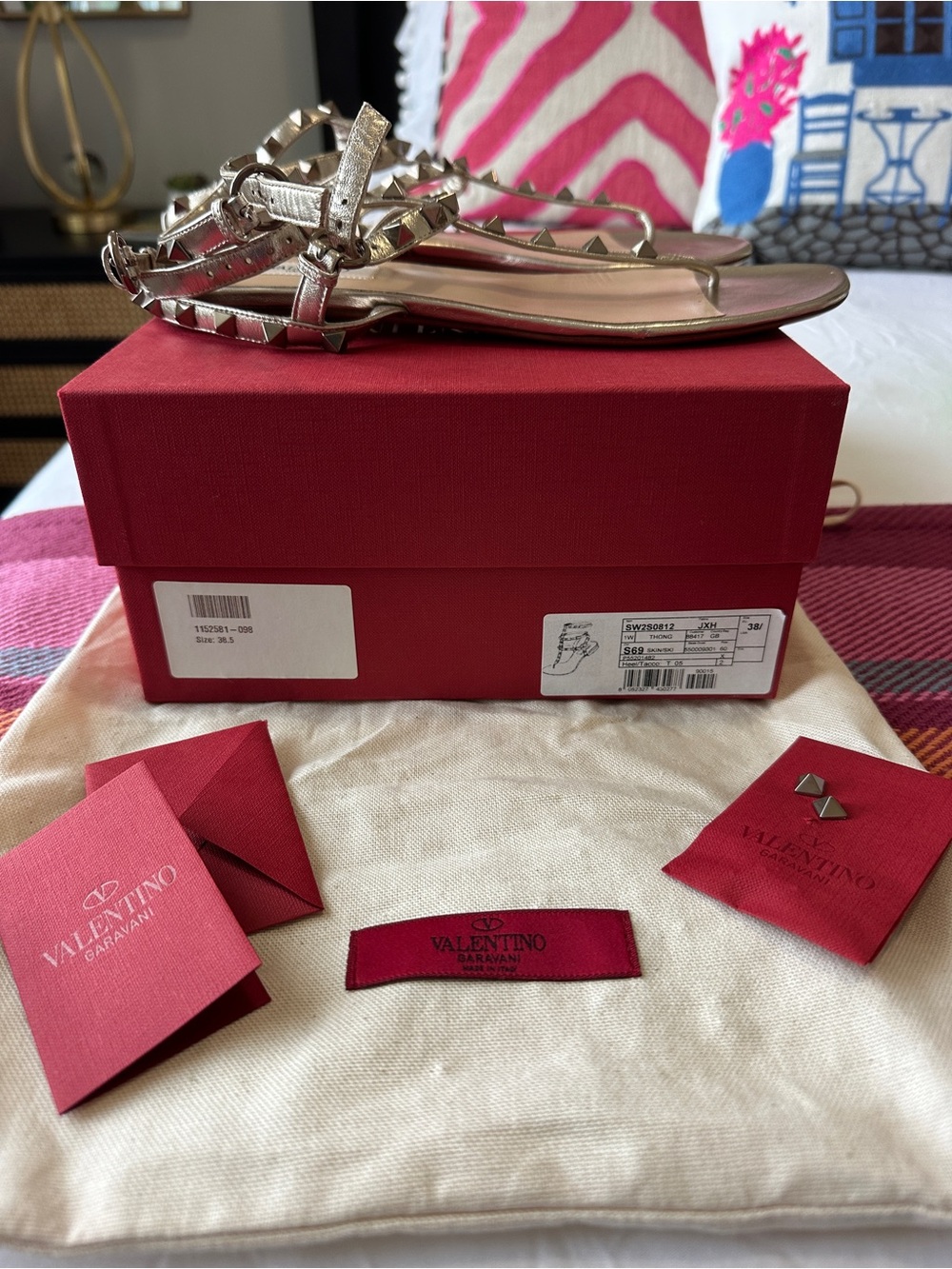 Valentino Garavani Metallic Gold Rockstud T-Strap Flat Sandals